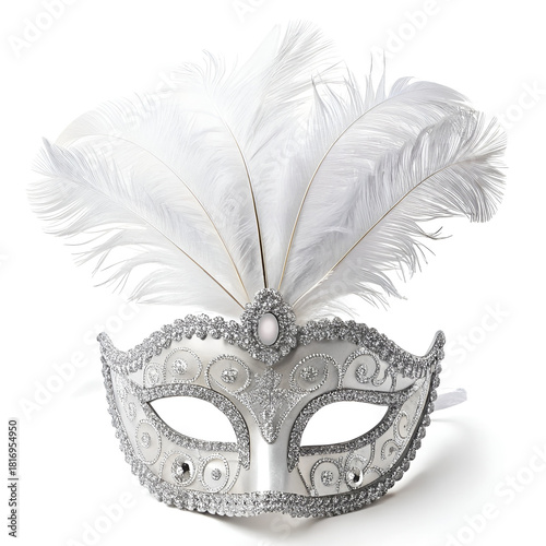 Carnival silver eye mask with silver embroidery and white feathers on a white background