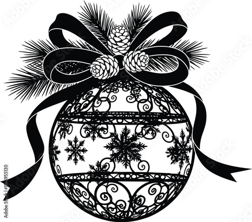 Black and line art illustration of a decorative christmas ornament with pine cones and ribbon