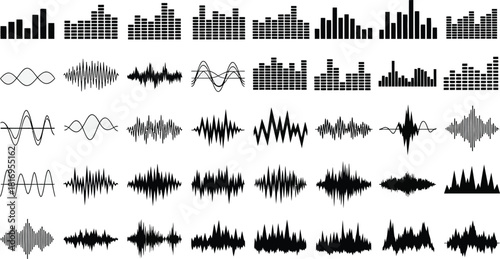Set of black sound waveforms for audio editing and music visualization