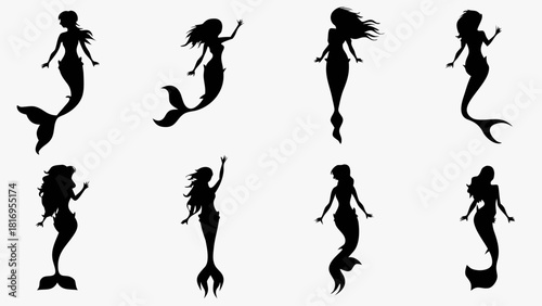 Enchanting mermaid silhouettes swimming gracefully, perfect for fantasy designs, nautical themes, and children's illustrations, a magical underwater world
