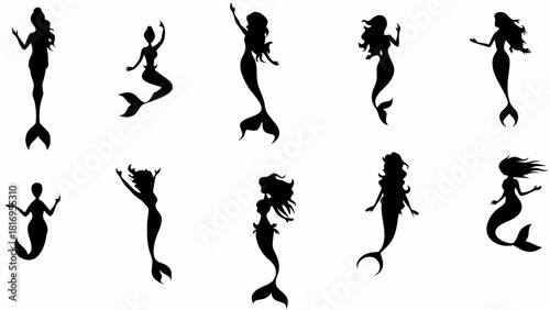 Enchanting mermaids silhouettes collection, perfect for magical designs and fantasy-themed projects, adding a whimsical touch to your creative ventures