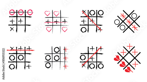 Eight Tic Tac Toe Game Boards With XO Hearts And Red Lines On White Background noughts and crosses grid