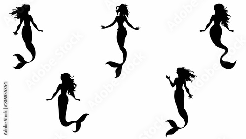 Mystical mermaid silhouettes swimming gracefully, perfect for fantasy designs, children's books, or enchanting nautical themes in your creative projects