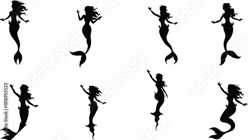 Enchanting mermaid silhouettes swimming with grace and wonder, perfect for fantasy, children's themes, and magical storytelling projects in vector art style