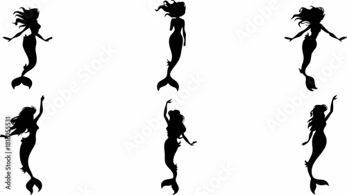 Enchanting mermaid silhouettes swimming gracefully, evoking fantasy and timeless beauty, perfect for magical designs and whimsical branding, scalable vector origin