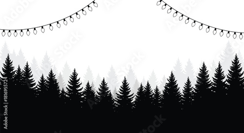 Black and silhouette of pine forest with string lights border