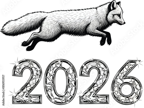 Engraving style illustration of a jumping fox above year 2026