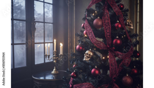 Gothmas Christmas background, dark gothic holiday aesthetic, black Christmas tree, moody candlelight, foggy winter atmosphere, vintage ornaments, eerie snow, spooky festive wallpaper