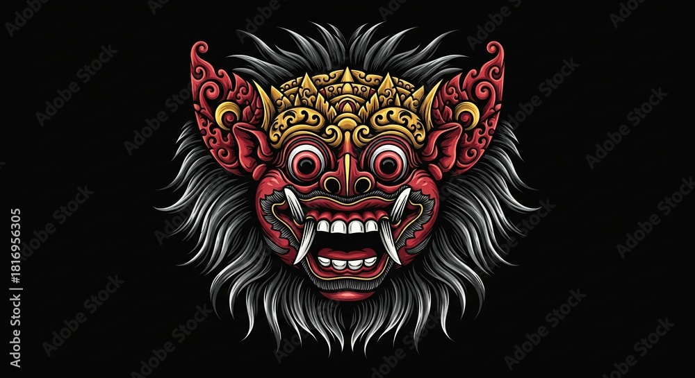 Fototapeta premium Ornate Balinese Barong Mask Illustration, Fierce Demon Face on Black Background