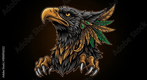 Illustration of an Eagle's Head with Tribal Headdress and Fierce Claws