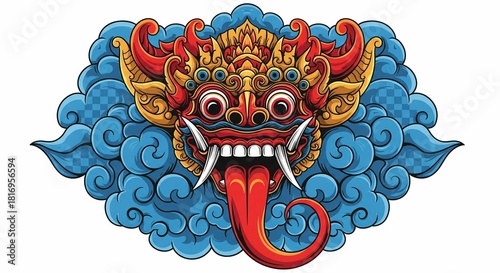 Traditional Balinese Barong Mask with Vibrant Blue Clouds Illustration