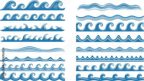 Set of decorative water wave borders for design elements and backgrounds