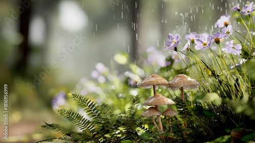   A lush green forest dotted with purple flowers hosts a group of mushrooms atop the fern-covered forest floor
