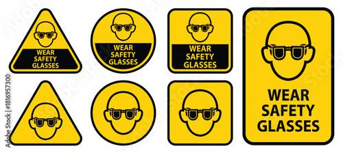 Collection of Wear Safety Glasses Warning Signs in Different Shapes and Designs