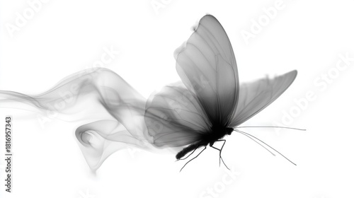 Photo of black and white butterfly with smoke emerging from its wings against white background