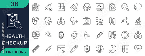 Minimal line icon set. for health check-up featuring mental care, physical exam, diagnosis, treatment, blood pressure, cardio, medicine, and patient support.
