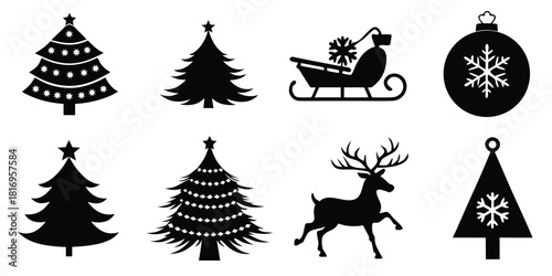 Christmas holiday silhouettes trees reindeer sleigh and ornament icons