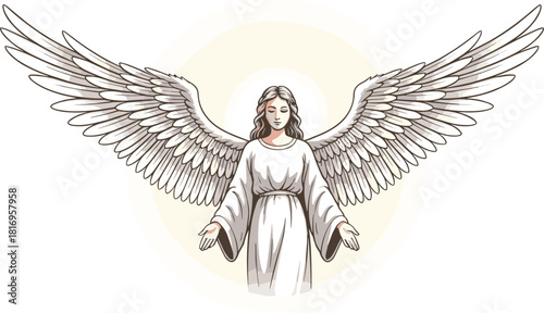 Graceful heavenly angel illustration with detailed wings and flowing white robe expressing peace, purity, and divine spiritual protection