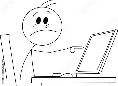 Cartoon stick figure tiredly points at laptop screen, work frustration. Vector