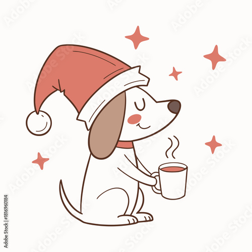 Cute cartoon dog wearing a santa hat holding a warm drink