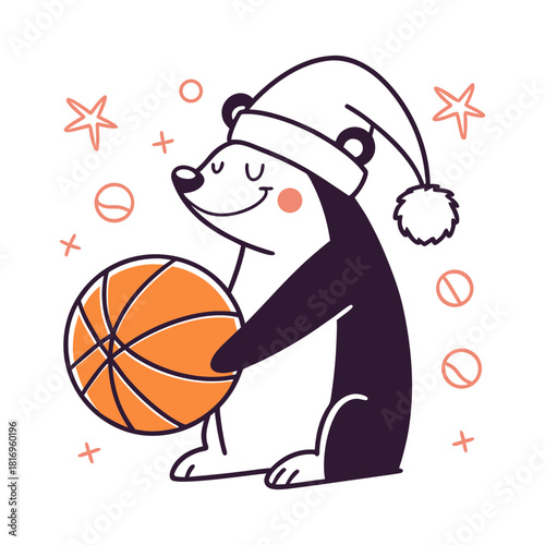 Cute cartoon bear wearing a santa hat holding a basketball