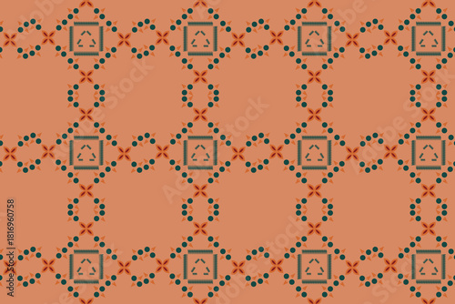 A warm Terracotta and dark teal geometric square motif, perfect for durable upholstery fabric or rustic table linens.