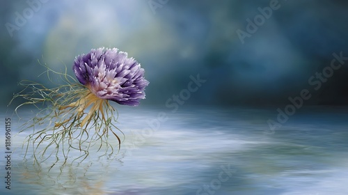  A purple flower with roots visible is mirrored in a serene pond under bright sunlight