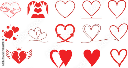 Collection of hand drawn heart illustrations for valentine s day and love concepts