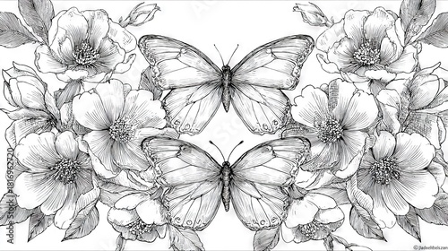   A monochromatic illustration featuring two butterflies amidst a floral arrangement