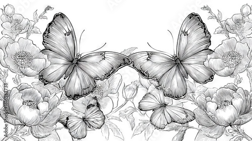   A monochromatic illustration of a swarm of butterflies soaring above a floral array, surrounded by foliage