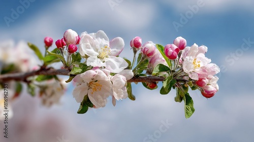   Apple tree branch blooms with pink & white flowers, set against blue sky with wispy clouds