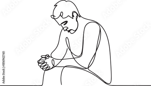 Continuous line drawing sad man alone concept.one line icon with out background