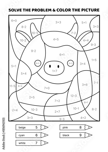 Solve the problem, color the picture. Kawaii cow. Black and white. Coloring book. Addition, Subtraction. Coloring book. Isolated vector illustration eps 10
