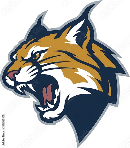 Fierce roaring bobcat head logo, aggressive wildcat mascot emblem