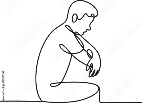 Continuous line drawing sad man alone concept.one line icon with out background