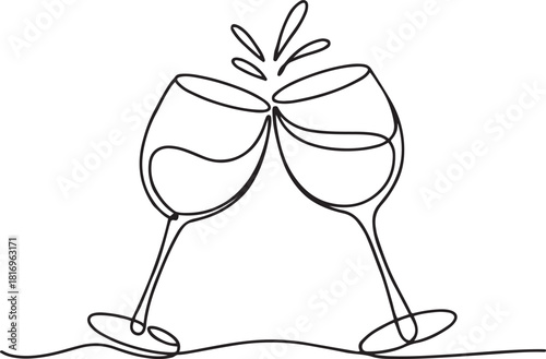 Continuous one line drawing of two glasses of wine. Toast and cheers with splash in simple linear style. Alcohol and cocktail drink menu in editable stroke.one line icon with out background