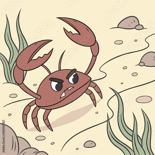 Angry Red Crab on Sandy Beach Cartoon Vector