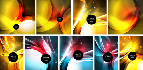 Abstract backgrounds showcase vibrant curves, colors. Dynamic shapes create modern, energetic visual effects. Designs feature gradients, light flares.