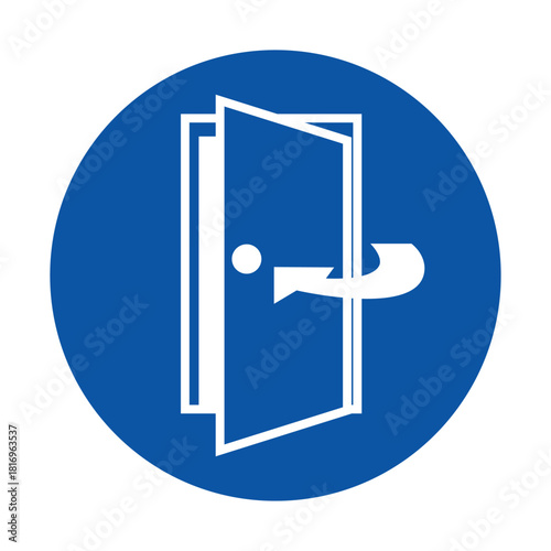 Blue Circular Icon with Open Door Illustration and Arrow Symbol