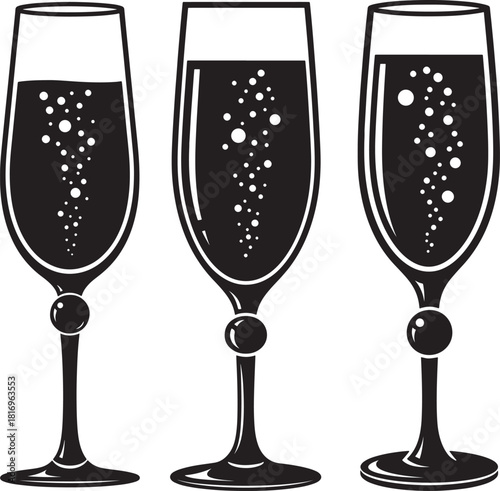 Three champagne flutes with bubbles silhouette