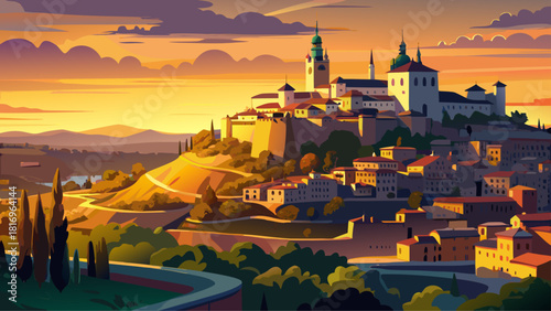 Very beautiful panoramic view of a glowing sunset over the old town of Toledo, Spain, with warm golden light illuminating ancient stone buildings, winding streets, and the dramatic hilltop silhouette 