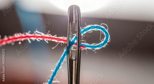 Needle with red and blue thread passing through the eye closeup  