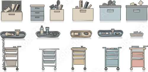 Collection of organized drawers, trays, and rolling carts for storage and transportation