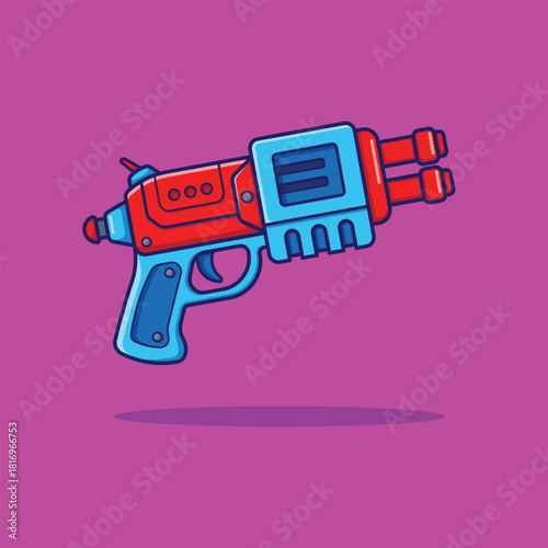 Cool Cartoon Futuristic Sci-Fi Laser Gun Vector Illustration in Red and Blue Colors. Toy Weapon Icon, Game Asset, or Fantasy Battle Element for Kids.