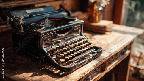   A close-up image of a vintage typewriter on a wooden desk with a bouquet of flowers behind it