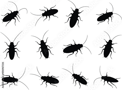 Black Cockroach Silhouettes Pest Control Background Vector Illustration Pattern Concept, Insect Invasion Problem, Dirty Unhygienic Environment, Domestic Nuisance Infestation, Global Healthcare Threat.