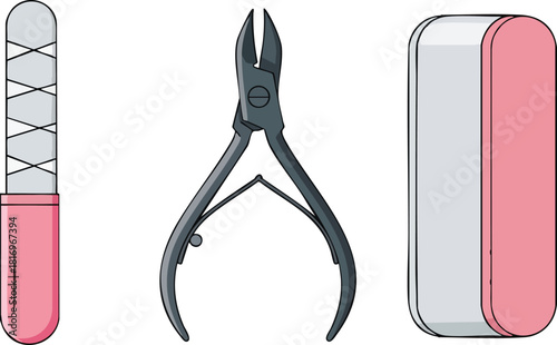 Manicure Set with Nail File, Cuticle Nipper, and Nail Buffer Illustration