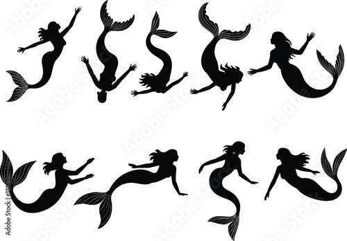 Ten Elegant Mermaid Silhouettes Swimming Under Water Black Vector Illustration Set, Fantasy Aquatic Mythical Character Collection, Fairy Tale Ocean Creatures, Ariel Pose