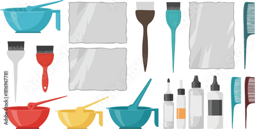 Hair Dye Kit Illustration Bowls, Brushes, and Bottles