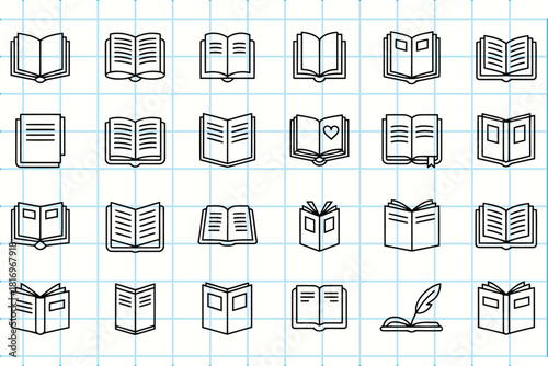 Collection of hand drawn book icons in a doodle style on a grid background